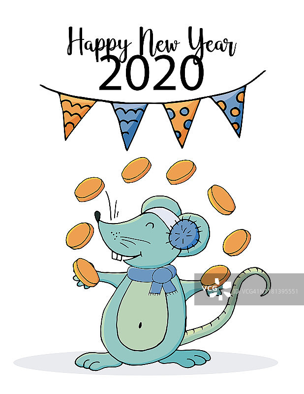 新年快乐。可爱的老鼠，象征2020。新年祝福传单，横幅图片素材