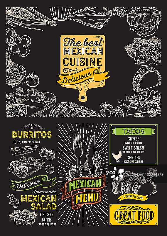 墨西哥菜单食物模板餐厅涂鸦手绘图形。图片素材