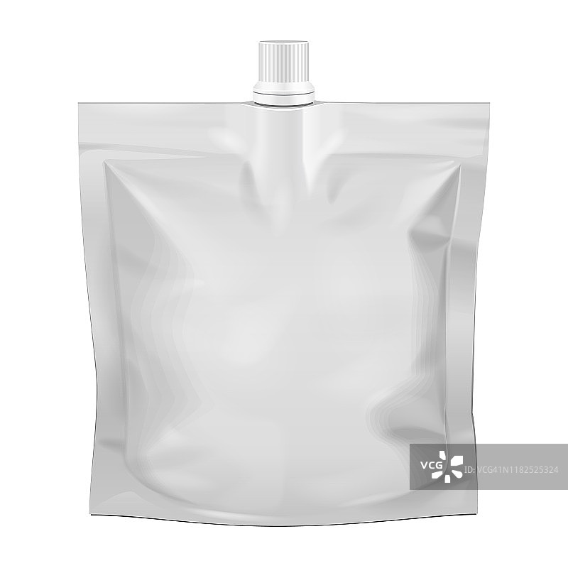 空白食物站起来灵活的小袋零食袋袋与嘴盖。模拟,模板。插图孤立的白色背景。为你的设计做好准备。产品包装。向量EPS10图片素材