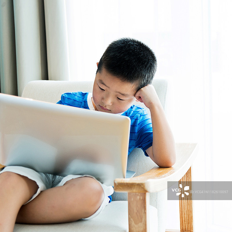 小男孩坐在扶手椅上用笔记本电脑图片素材