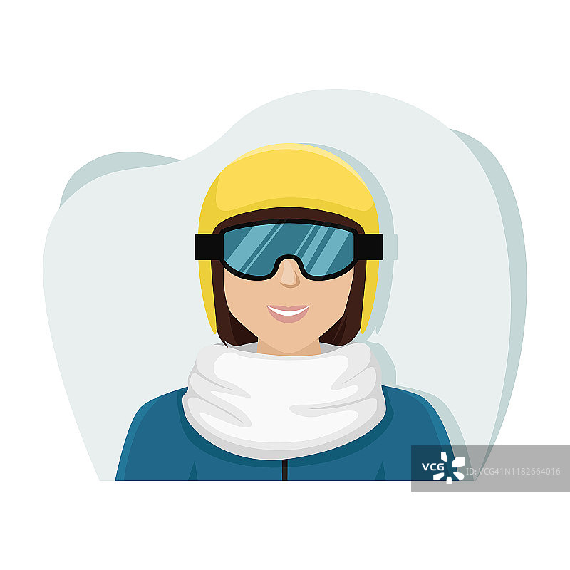 戴着黄色滑雪头盔和眼镜的滑雪女孩。孤立的平面矢量插图。图片素材
