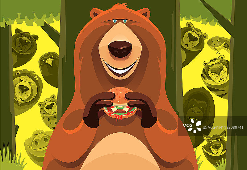 熊拿着汉堡在丛林里图片素材