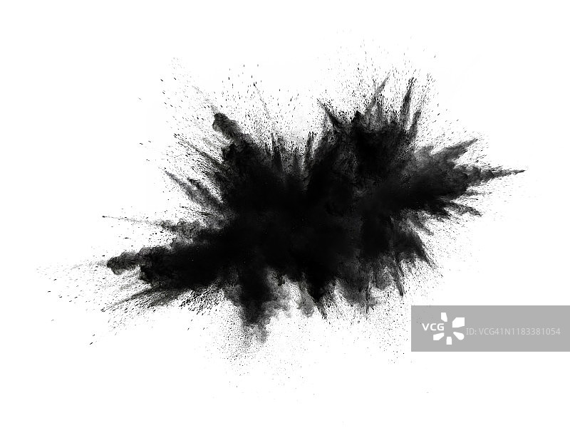 在白色的背景上，由一团黑色的烟雾和火药颗粒组成的云团撞击而成的爆炸。图片素材