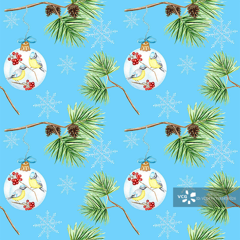 无缝模式的松枝和球果，圣诞玻璃球与红色的月桂枝，冬天的鸟蓝色山雀在蓝色的背景，水彩手绘，插图的织物，纹理，纸图片素材