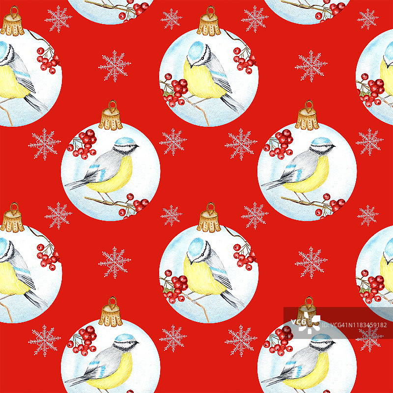 无缝模式与圣诞节玻璃球与红色的花梨花树枝，冬天的鸟夫妇蓝色山雀在红色的背景，水彩手绘，织物，纹理，纸，剪贴簿插图图片素材