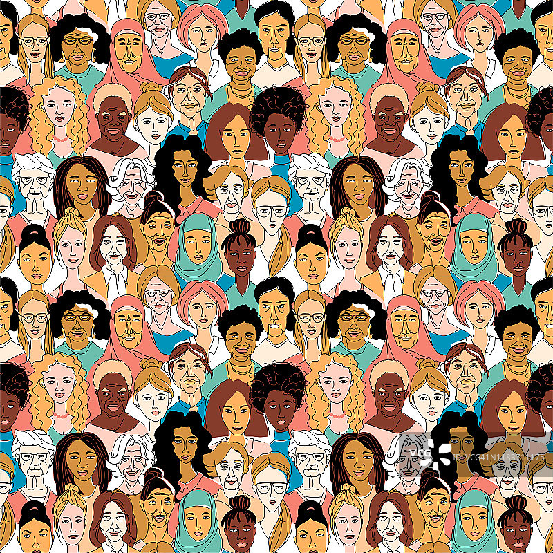 女性的多元化头像线条画涂鸦海报图案无缝衔接图片素材