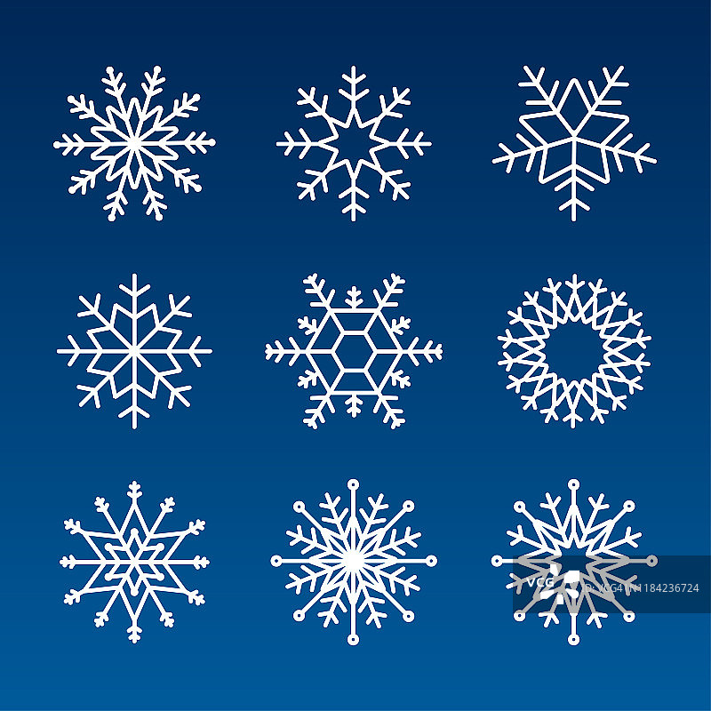 雪花矢量图标背景设置为白色。冬天蓝色的圣诞雪花水晶元素。矢量插图。图片素材