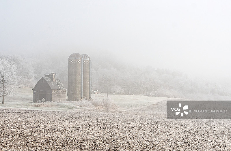下雪多雾的冬日里的谷仓和筒仓图片素材
