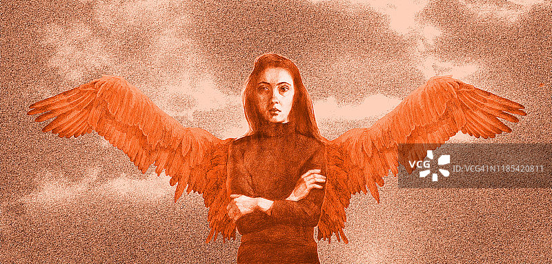 时尚的插图寓言现代艺术作品超现实主义，我最初的画铅笔，深褐色水平的风景，天空的一个女孩的形象，以一个天使的形式与翅膀作为飞行的象征图片素材