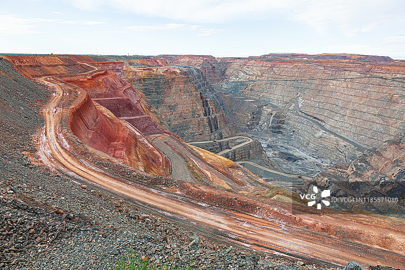 采矿卡车工作在超级坑露天金矿-卡尔古利，西澳大利亚图片素材