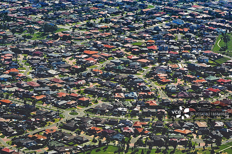 澳大利亚悉尼郊区五颜六色的房子，郊区街道，城市扩张，城市生活，航空摄影图片素材
