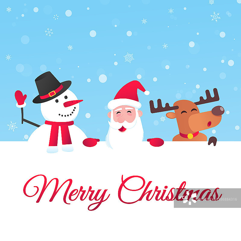 圣诞老人、驯鹿和雪人平面风格设计矢量插图明信片。象征着圣诞节日的庆祝孤立在明亮的雪背景祝你圣诞快乐和新年快乐。图片素材