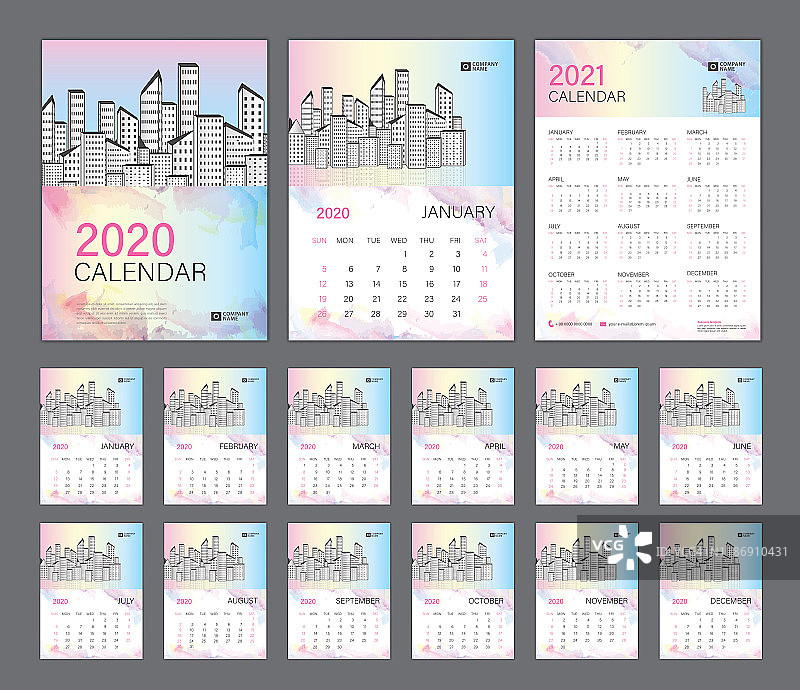 桌面日历2020模板，日历2021，封面设计。每周从周日开始，12个月，计划模板。水彩背景图片素材