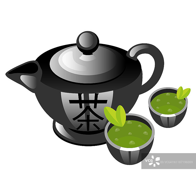 中国茶道颜色图标。茶壶和杯子。亚洲的绿茶。用瓷质茶具烫饮。茶馆的气氛。中国传统和文化。孤立的矢量图图片素材