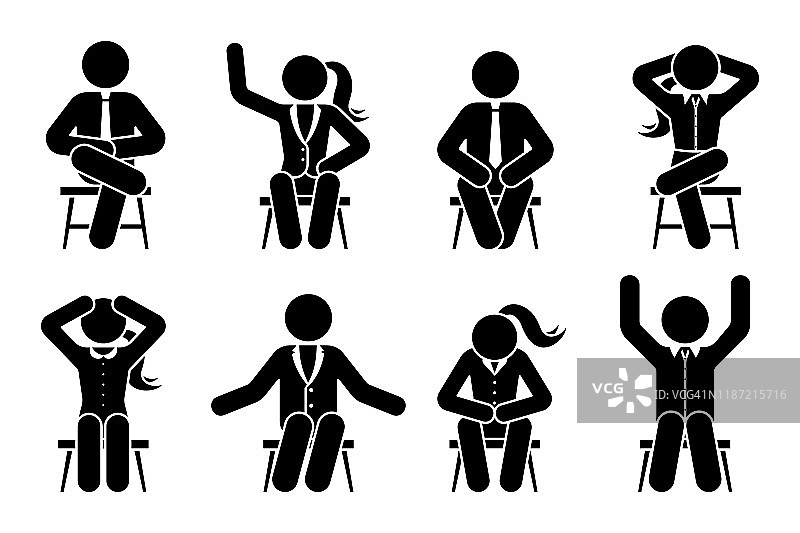 坐在椅子上的简笔画商人男女不同姿态的象形矢量图标集。男性和女性的剪影坐在快乐，舒适，悲伤，疲倦，沮丧的标志上白色的背景图片素材