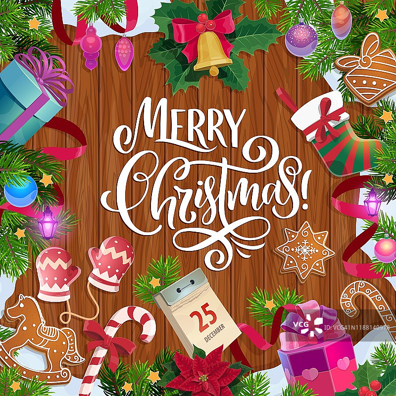 圣诞树和木制背景的礼物图片素材