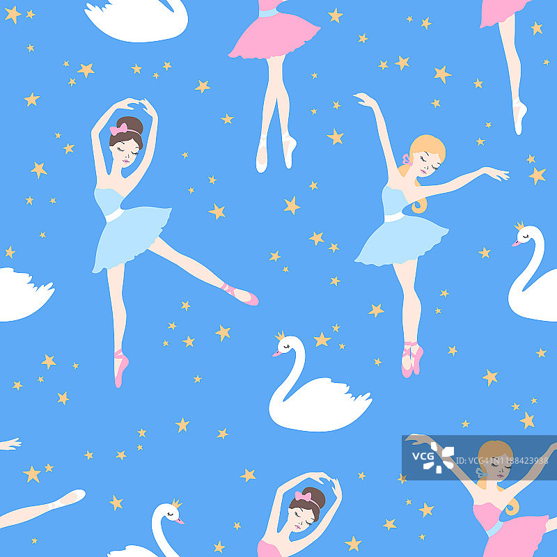 芭蕾舞卡通无缝图案与芭蕾舞者在芭蕾舞裙，天鹅和星星在蓝色的背景图片素材