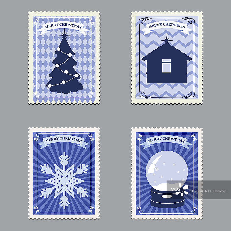 圣诞快乐复古邮票，有圣诞树，礼物，鹿和雪花。矢量插图孤立图片素材