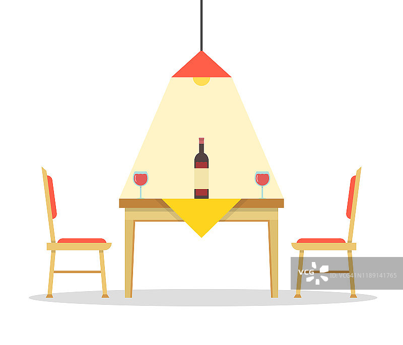 餐桌上有一瓶酒和两个玻璃杯。餐桌和两把椅子。矢量插图。图片素材