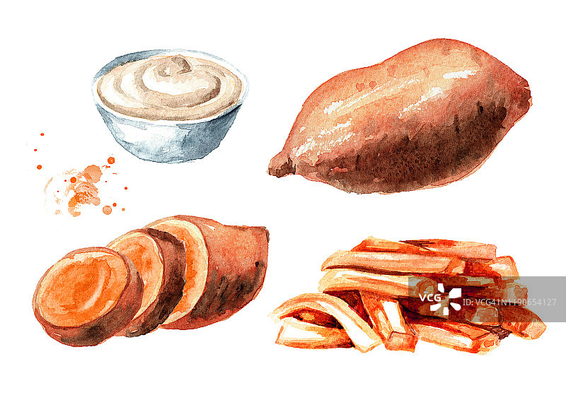 生炒红薯酱套。水彩手绘插图孤立的白色背景图片素材