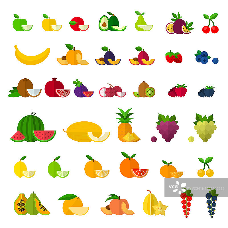 一组水果和浆果图标平面矢量图片素材