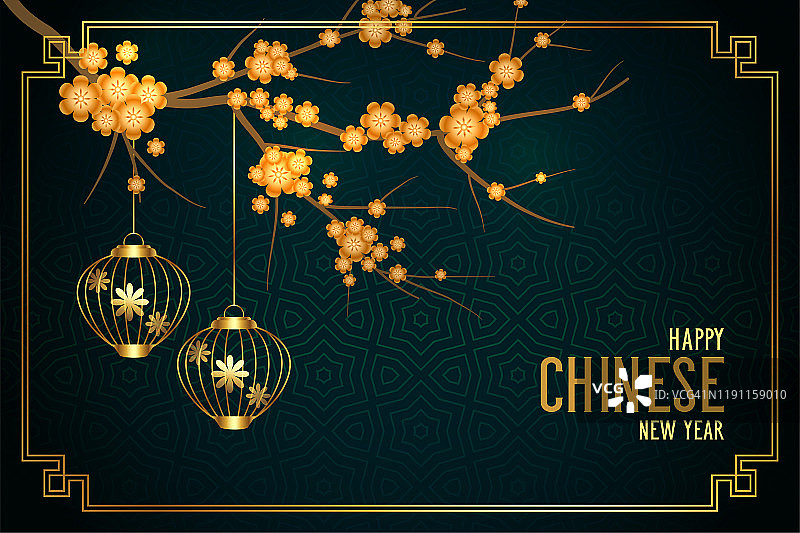 时尚的中国新年花背景与灯笼图片素材