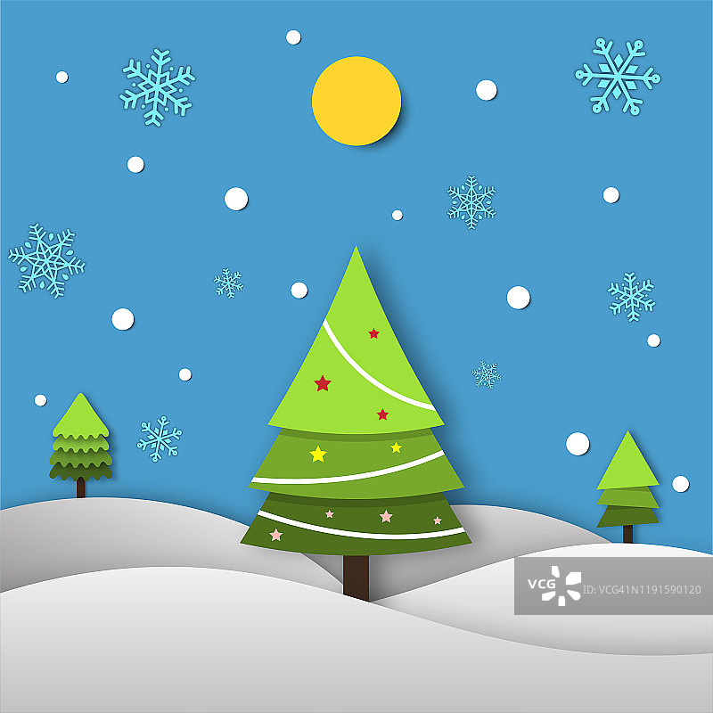 节日庆典，圣诞快乐，新年快乐，剪纸，冬天背景，雪树，孤立向量设计图片素材