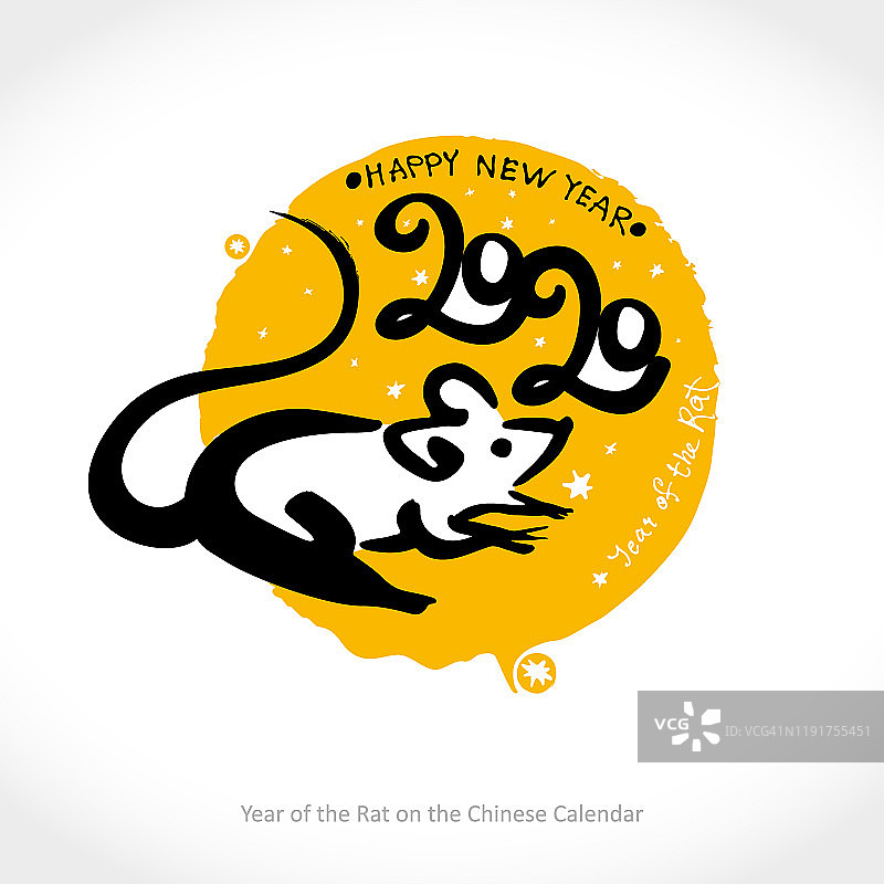 在黄色圆形邮票的背景上手写老鼠2020。鼠年是中国农历的新年。图片素材