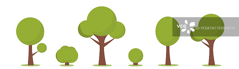一组抽象的程式化的树。自然插图，卡通灌木和树设置。图片素材