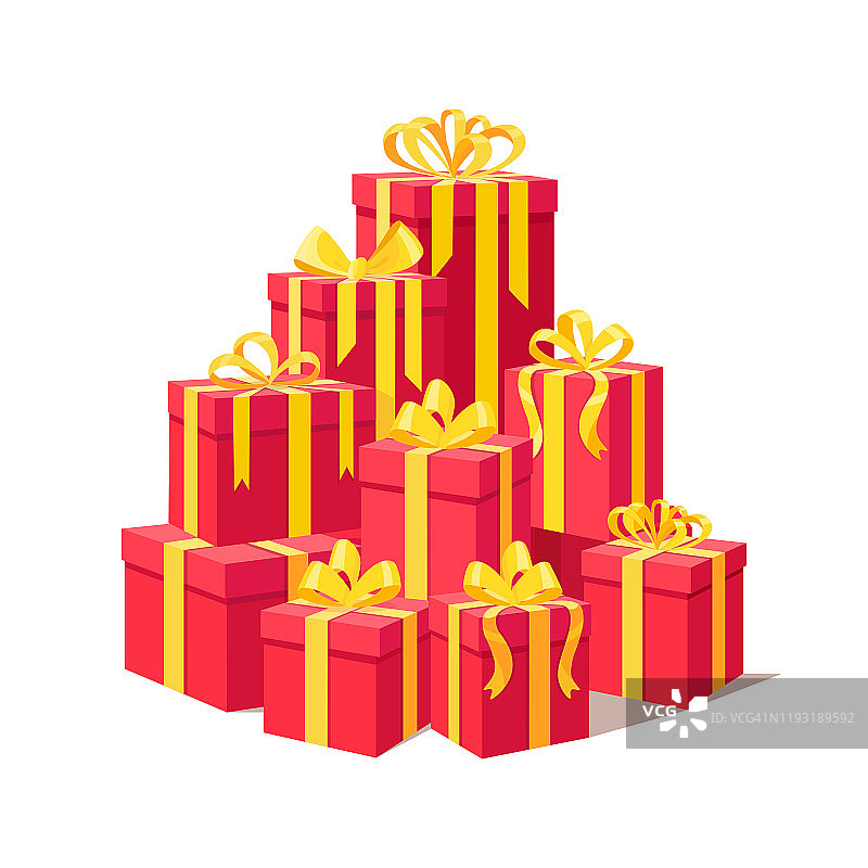 圣诞节销售。3d等距红色礼盒，以丝带，蝴蝶结，节日旗帜孤立在白色背景。圣诞购物的概念。周年纪念日、生日、婚礼的惊喜。矢量动画设计图片素材