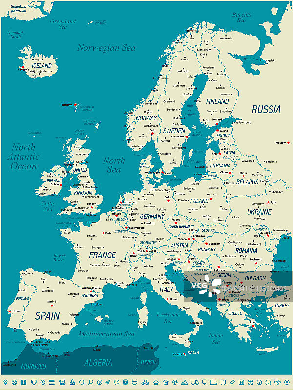 欧洲地图与导航图标和德国，比利时，葡萄牙，瑞典图片素材