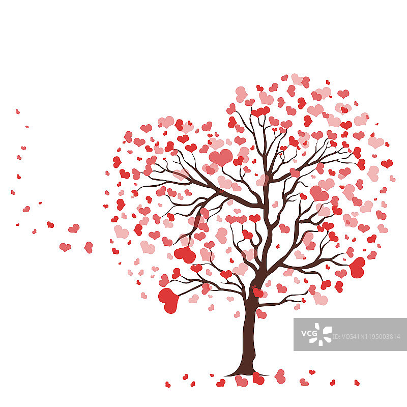 在白色的背景上，一棵有着心形叶子的树。矢量图形。图片素材