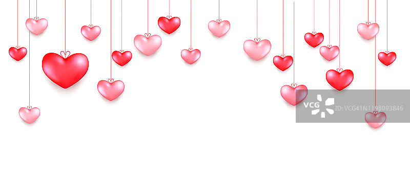 快乐的情人节浪漫的背景，挂着红色和粉红色的心。矢量插图销售横幅，贺卡，海报，邀请传单。文本。图片素材