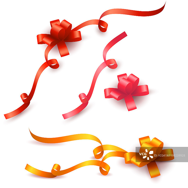 一套逼真的彩色礼物蝴蝶结丝带孤立的白色背景。矢量收集红色，粉色和金色礼物弓为生日，圣诞和新年贺卡设计图片素材