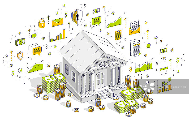 银行主题卡通，银行大楼与美元和硬币堆栈孤立在白色背景。3d矢量业务等角插图与图标，统计图表和设计元素。图片素材