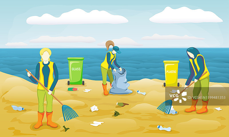 一群志愿者捡拾垃圾、塑料瓶、清洁海滩和分类垃圾。志愿服务团队精神。志愿者清理沙滩上的垃圾，爱护地球。向量的概念。图片素材