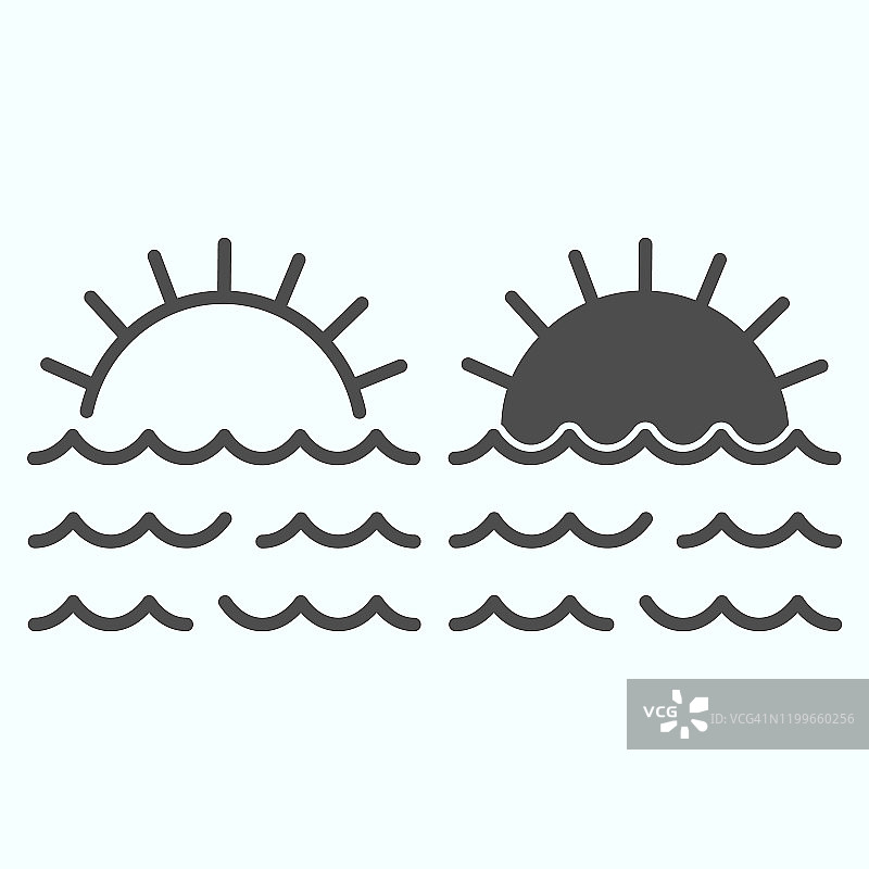日落线和固体图标。日落和海浪插图孤立在白色。海洋日落轮廓风格的设计，设计的网页和应用程序。图片素材