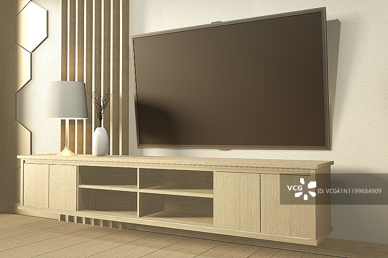 墙上的电视和木柜在现代的空房间日本简约设计。三维渲染图片素材