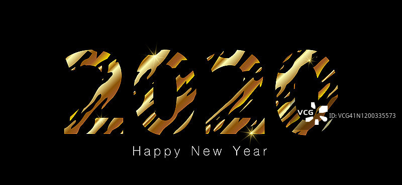 2020年新年快乐。抽象闪亮的金色数字在黑色背景上图片素材