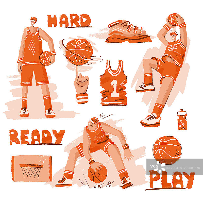 矢量草图纹理篮球-篮球运动员，篮子，球，运动鞋。矢量运动系列在现代涂鸦，手绘和线条风格与橙色颜色。积极运动的篮球运动员图片素材