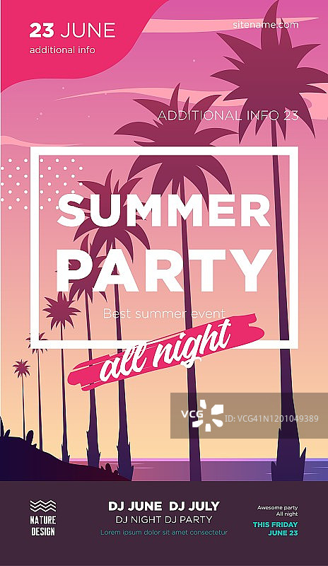 夏日派对海报设计模板与棕榈树的剪影。现代风格。矢量图图片素材