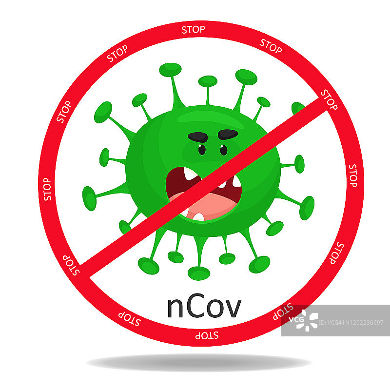 STOP (ncov) -手绘可爱的病毒或细菌。冠状病毒在。隔离。用特征标识冠状病毒(2019-nCoV)图片素材