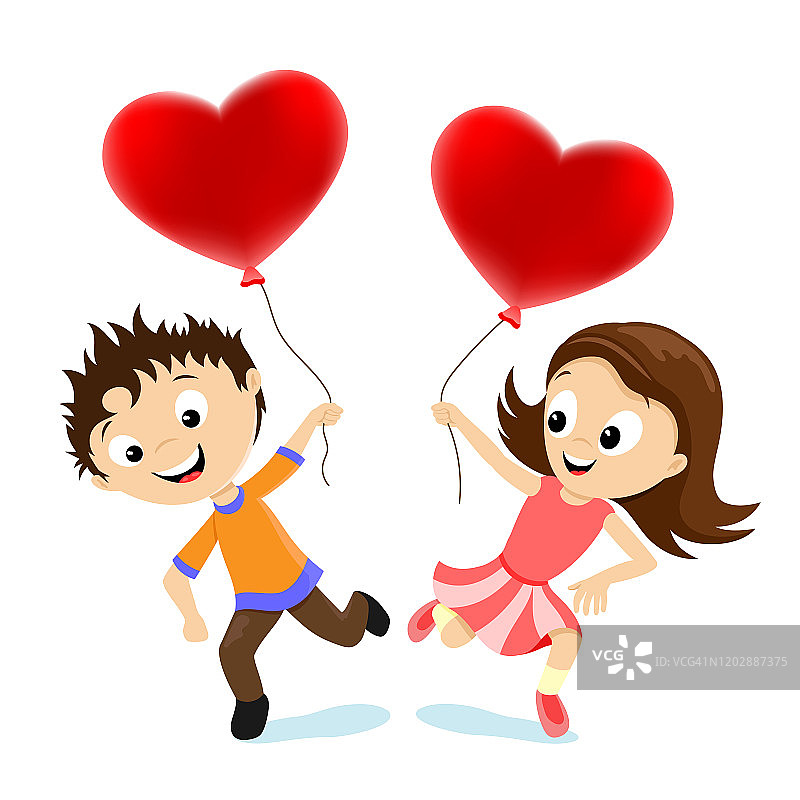男孩和女孩用心形的气球。图片素材