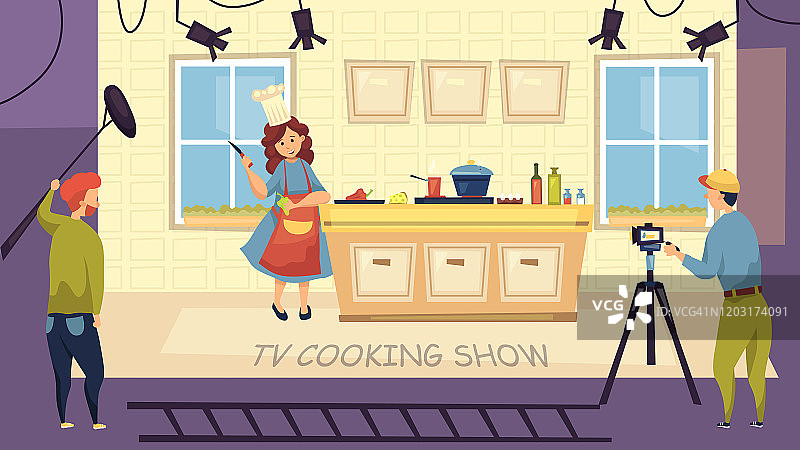 电视烹饪节目概念。在演播室里，女孩在镜头前做饭。卡通平的风格。矢量图图片素材
