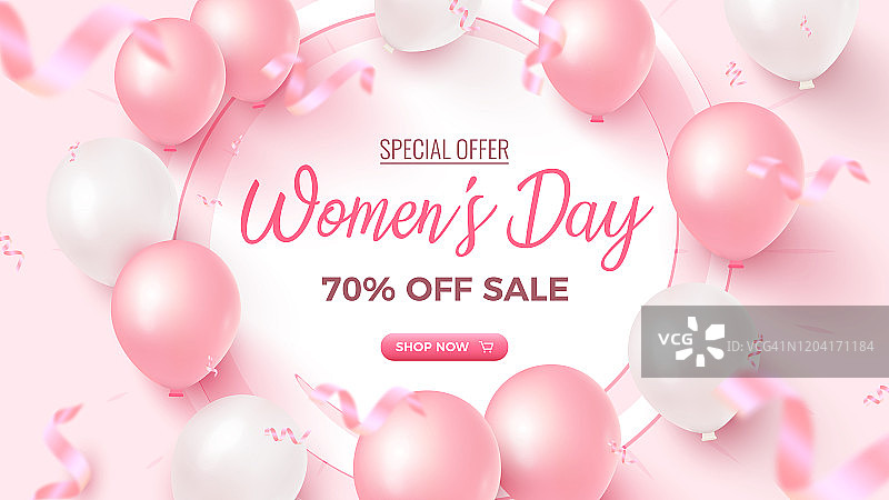 妇女节特别优惠。白色框架，粉色和白色气球，花瓣落在玫瑰色的背景上的横幅设计，七折优惠。妇女节模板。矢量图图片素材