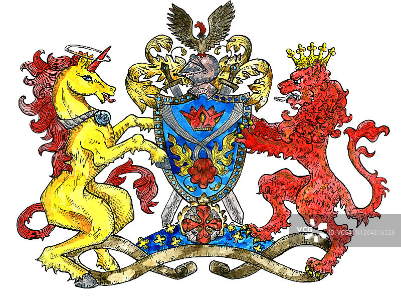 纹章上有独角兽和狮子兽孤立在白色上。图片素材