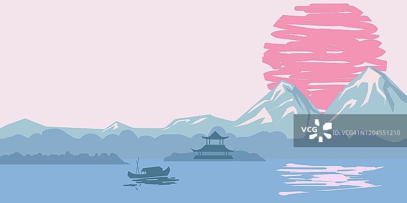 中国传统或日本的景观，有宝塔和山，日落海上渔船，剪影。孤立的矢量插图图片素材
