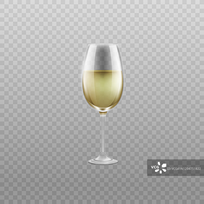 白葡萄酒或香槟在优雅的玻璃现实矢量插图孤立。图片素材