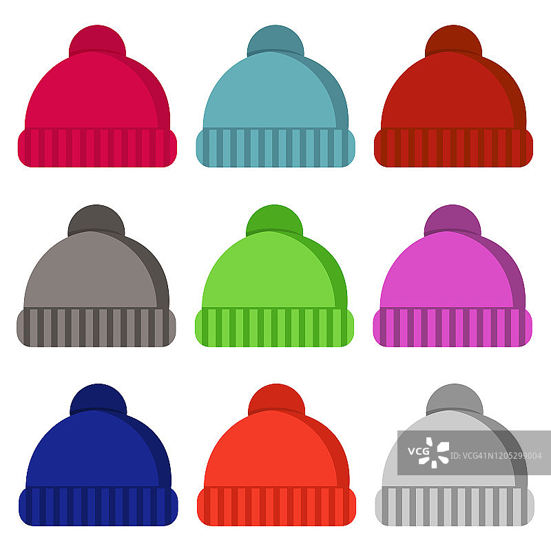 冬季帽子孤立图标上的白色背景。冬天的帽子收藏。平面矢量插图设计。图片素材