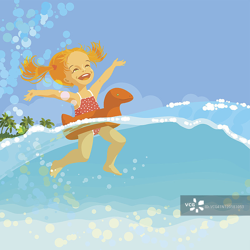 快乐的小女孩在充气圈里游泳图片素材